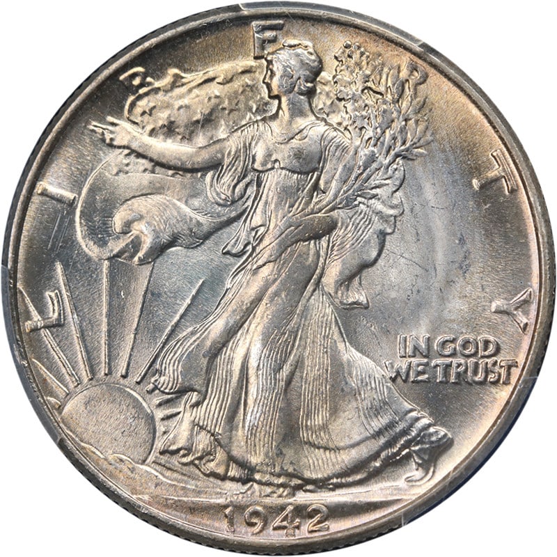 PCGS MS66 1942 P Walking Liberty Half Dollar Silver: PCGS MS66 1942 P Walking Liberty Half Dollar Silver This is an original 1942-P Walking Liberty Half Dollar graded MS66 by PCGS. The coin displays excellent eye appeal, strong strike, fantastic luster,
