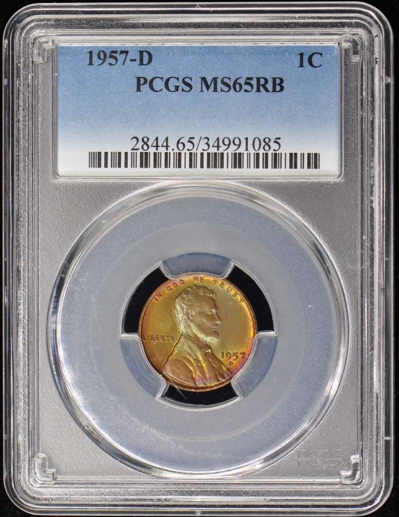 1957-D Lincoln Cent Type 1 Wheat Reverse PCGS MS65RB: 1957-D Lincoln Cent Type 1 Wheat Reverse PCGS MS65RB This 1957-D Lincoln Cent features a Type 1 Wheat Reverse and has been certified by PCGS with a grade of MS65RB, indicating it is in uncirculated co