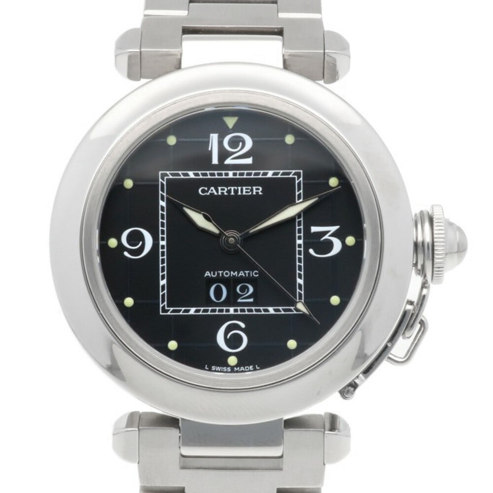 Cartier Pasha Automatic Men's Stainless Steel Black Dial Big Date Watch: Cartier Pasha Automatic Men's Stainless Steel Black Dial Big Date Watch This Cartier Pasha Big Date automatic wristwatch features a stainless steel case and a black dial, offering a sophisticated and 