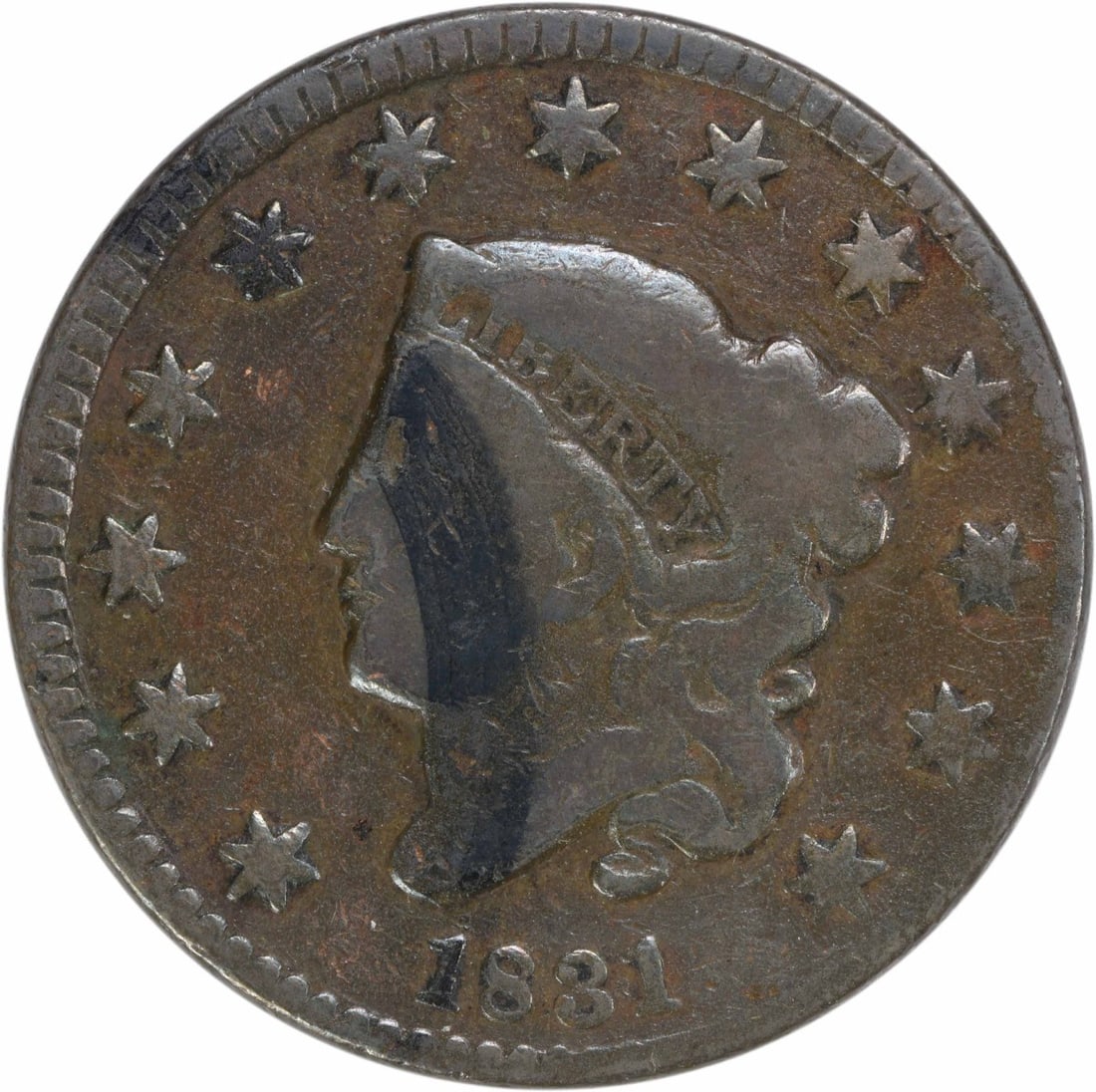1831 Coronet Head Large Cent Copper VG Uncertified: 1831 Coronet Head Large Cent Copper VG Uncertified This 1831 Large Cent features the iconic Coronet Head design by Robert Scot, showcasing a classic piece of American numismatic history. Minted in Phi