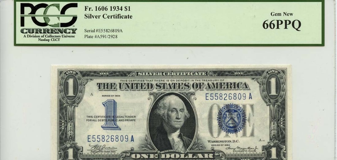 1934 FR1606 $1 Blue Seal Silver Certificate PCGS Gem 66 PPQ Note: 1934 FR1606 $1 Blue Seal Silver Certificate PCGS Gem 66 PPQ Note This is a 1934 $1 Silver Certificate, type FR1606, featuring a blue seal. The note is certified by PCGS Currency with a grade of Gem 66