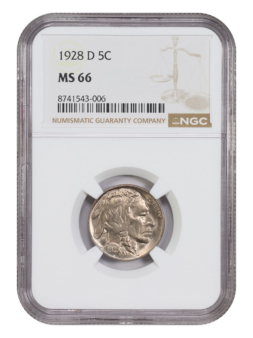 NGC MS66 1928-D Buffalo 5C Denver Nickel: NGC MS66 1928-D Buffalo 5C Denver Nickel This 1928-D Buffalo Nickel has been certified by NGC and features a denomination of 5 cents. The coin is noted for its impressive strike and rarity in this con