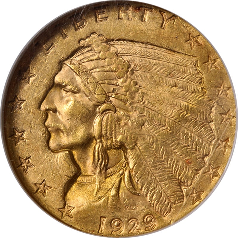 1929 US $2.50 Indian Gold Coin NGC Certified MS62: 1929 US $2.50 Indian Gold Coin NGC Certified MS62 This original 1929 Indian Gold $2.50 coin is certified by NGC with a grade of MS62. The coin features impressive luster, a strong strike, and attracti