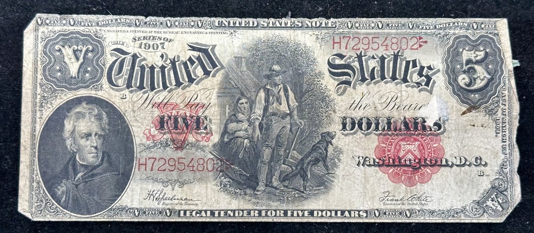 1907 Five Dollar Wood Chopper Red Seal Legal Tender Note: 1907 Five Dollar Wood Chopper Red Seal Legal Tender Note This is a 1907 $5 Wood Chopper Legal Tender Red Seal Note from the United States. The note is circulated and ungraded, and it is uncertified. I