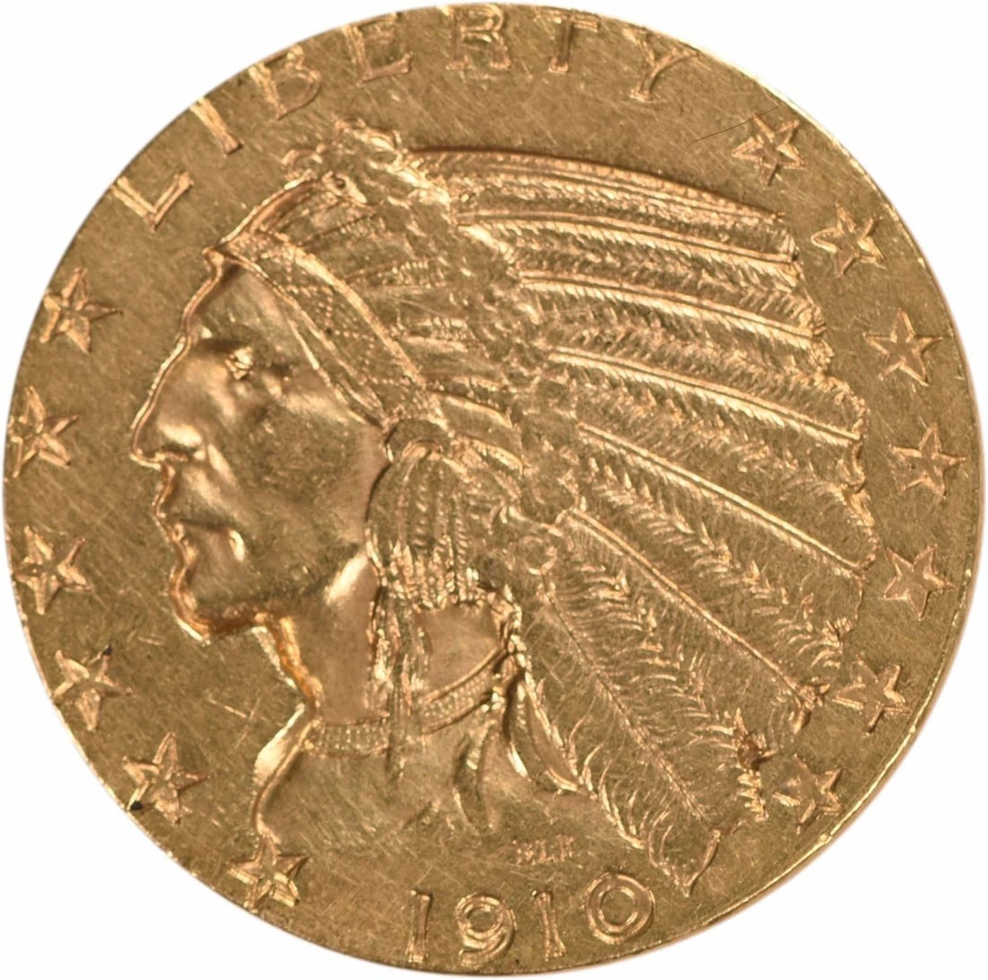 1910 Five Dollar Indian Head Gold Coin Extra Fine Uncertified: 1910 Five Dollar Indian Head Gold Coin Extra Fine Uncertified This is a 1910 $5 Gold Indian coin from the United States minted in Philadelphia. Designed by Bela Lyon Pratt, this pre-owned coin is comp