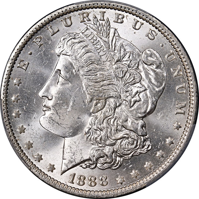 PCGS MS63 1888-O Morgan Dollar Uncirculated Blast White Silver Coin: PCGS MS63 1888-O Morgan Dollar Uncirculated Blast White Silver Coin This 1888-O Morgan Silver Dollar is graded MS63 by PCGS, indicating it is in uncirculated condition with excellent eye appeal, stron