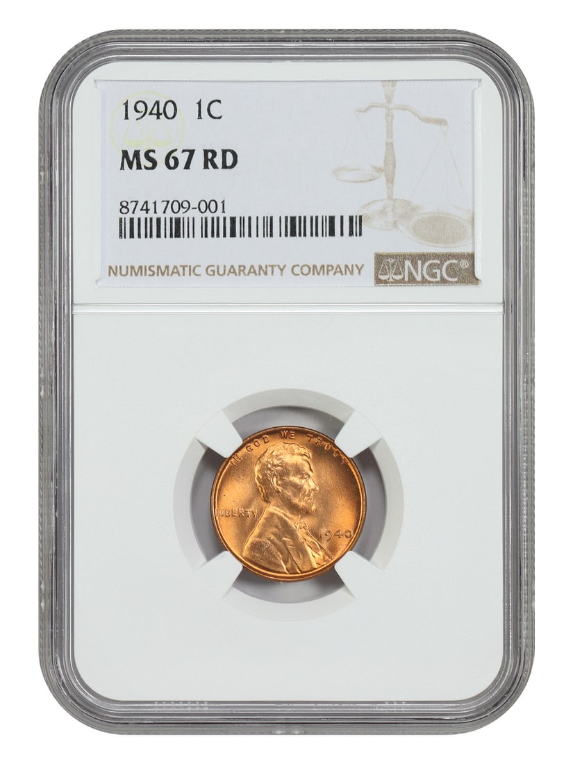 1940 NGC MS67RD Wheat Reverse Lincoln Cent: 1940 NGC MS67RD Wheat Reverse Lincoln Cent This is a 1940 Lincoln Cent (Wheat Reverse) graded MS67RD by NGC. The coin is uncirculated and features the wheat reverse design. It was struck in Philadelph