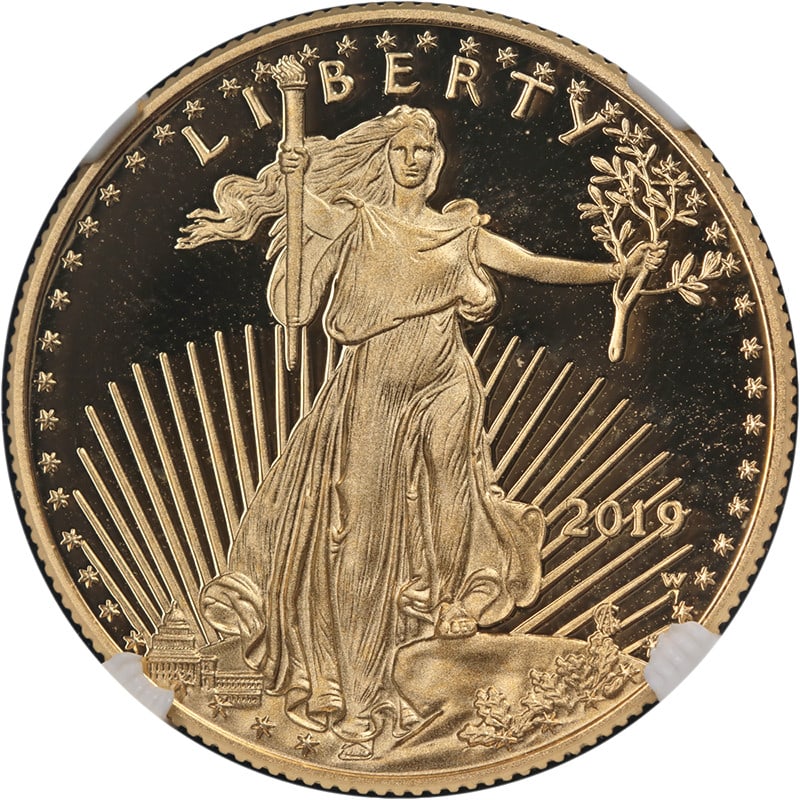 NGC PF70 Ultra Cameo 2019-W $25 Gold Eagle Proof Early Releases: NGC PF70 Ultra Cameo 2019-W $25 Gold Eagle Proof Early Releases This 2019-W Gold American Eagle $25 coin is a proof issue graded PF70 Ultra Cameo by NGC. Struck at the West Point Mint, it is composed 