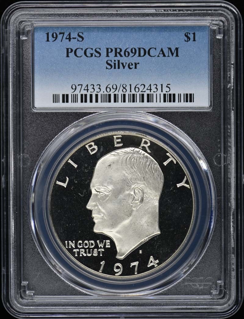 1974-S Silver Ike Dollar PCGS PR69DCAM Uncirculated Proof San Francisco: 1974-S Silver Ike Dollar PCGS PR69DCAM Uncirculated Proof San Francisco This 1974-S Silver Ike Dollar is a remarkable proof coin, certified by PCGS with a prestigious PR69DCAM grade. It was minted in 