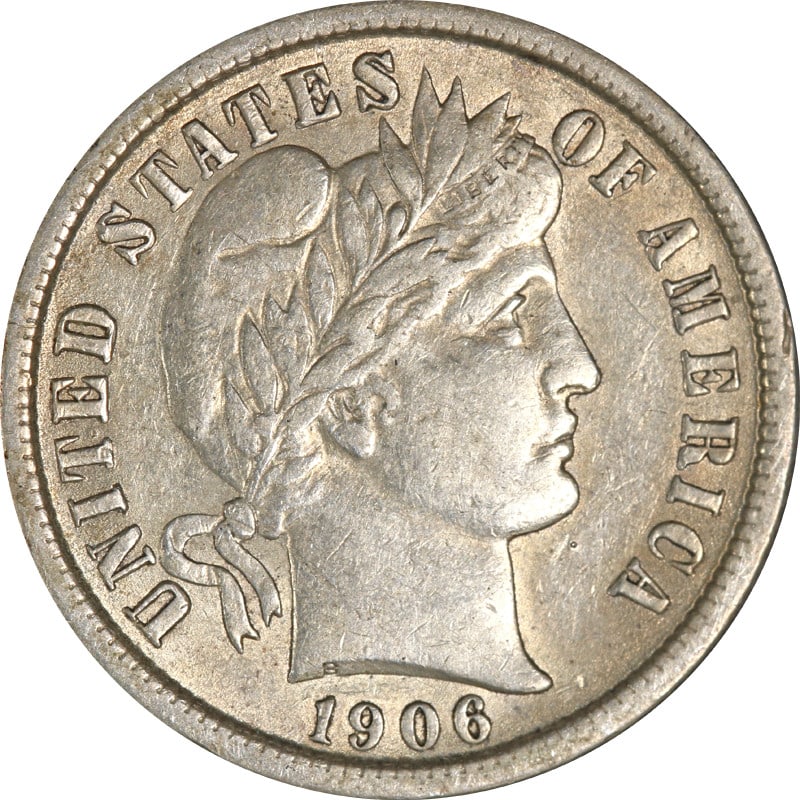1906 Philadelphia Barber silver dime: 1906 Philadelphia Barber silver dime This 1906-P Barber Dime is a circulated silver coin from the United States. It is composed of silver with a fineness of 0.9 and originates from the Philadelphia mi