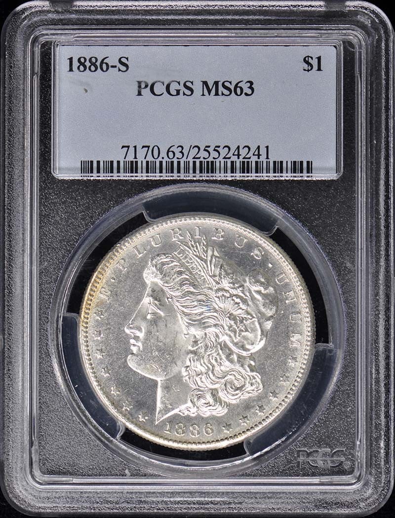 1886-S Morgan Dollar PCGS MS63 Uncirculated San Francisco: 1886-S Morgan Dollar PCGS MS63 Uncirculated San Francisco This 1886-S Morgan Dollar is a remarkable piece, certified by PCGS with a grade of MS63, indicating its uncirculated condition. Minted in San 