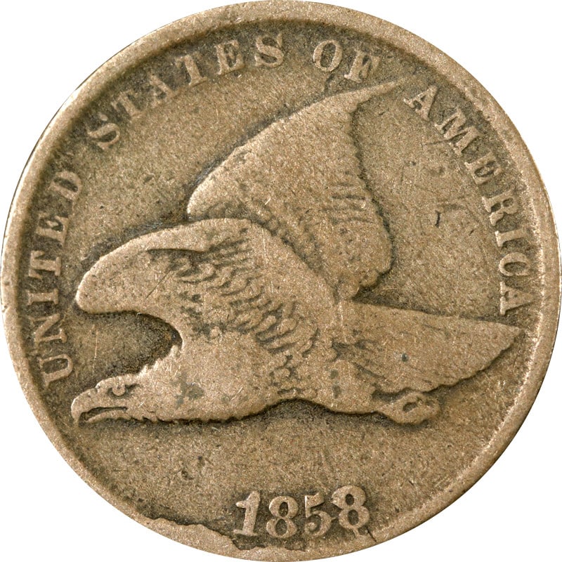 1858 United States Flying Eagle Copper Cent With Cuds By Date: 1858 United States Flying Eagle Copper Cent With Cuds By Date This is an 1858 Flying Eagle Cent featuring visible cuds at the date. The coin is circulated and made of copper. It originates from the Un