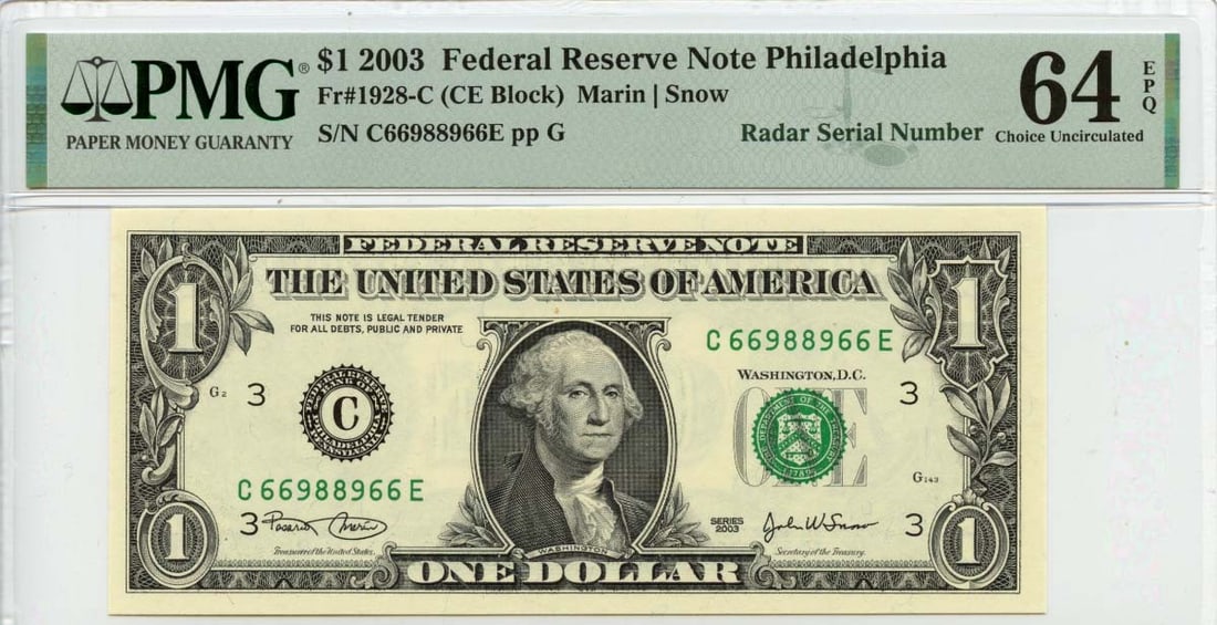 2003 $1 Federal Reserve Note Fr# 1928-C PMG CH64 EPQ Rare Currency: 2003 $1 Federal Reserve Note Fr# 1928-C PMG CH64 EPQ Rare Currency This 2003 $1 Federal Reserve Note, designated as Fr# 1928-C, is graded PMG CH64 EPQ, indicating it is in exceptional uncirculated con