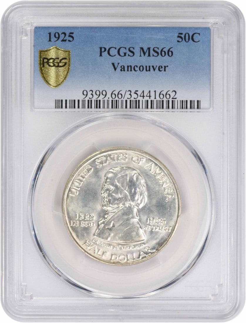 1925 Vancouver Commemorative Half Dollar MS66 PCGS 90% Silver: 1925 Vancouver Commemorative Half Dollar MS66 PCGS 90% Silver This 1925 Vancouver Commemorative Half Dollar is a remarkable piece of numismatic history, certified by PCGS with a grade of MS66. Struck 