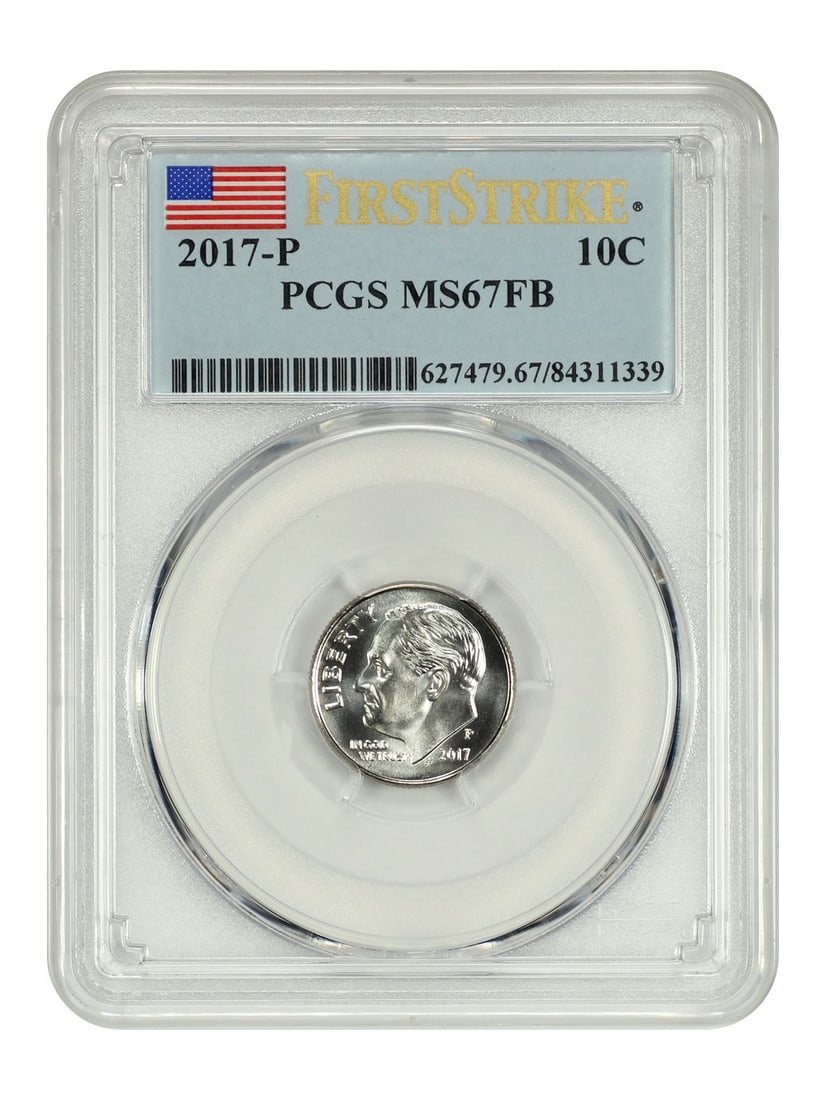 PCGS MS67FB First Strike 2017 Philadelphia Roosevelt Dime 10C: PCGS MS67FB First Strike 2017 Philadelphia Roosevelt Dime 10C This 2017-P Roosevelt Dime is graded MS67FB by PCGS and designated as First Strike. It is an uncirculated coin minted in Philadelphia and 