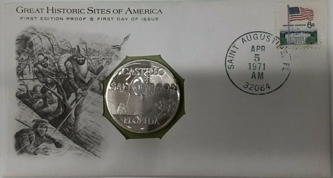 Proof Sterling Silver Great Historic Sites Medal First Day Cover 1971 St Augustine: Proof Sterling Silver Great Historic Sites Medal First Day Cover 1971 St Augustine This 1971 Franklin Mint proof sterling silver medal features the Castillo de San Marcos at Saint Augustine, Florida. 