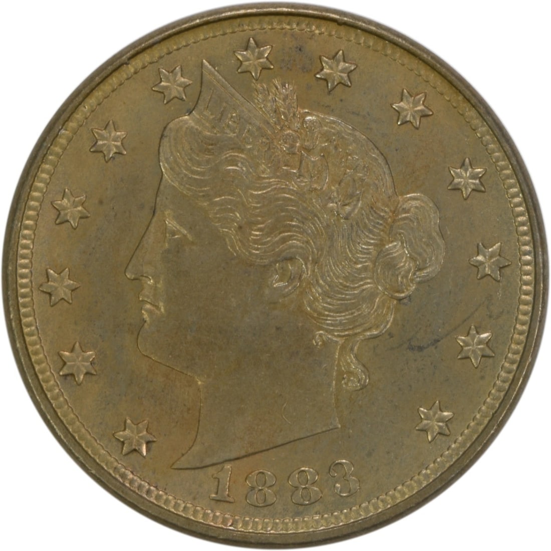 1883 Liberty Nickel No Cents Uncirculated BU Coin: 1883 Liberty Nickel No Cents Uncirculated BU Coin This 1883 Liberty Nickel is an uncirculated coin in Brilliant Uncirculated (BU) condition. It features no mint mark and is composed of nickel. The coi