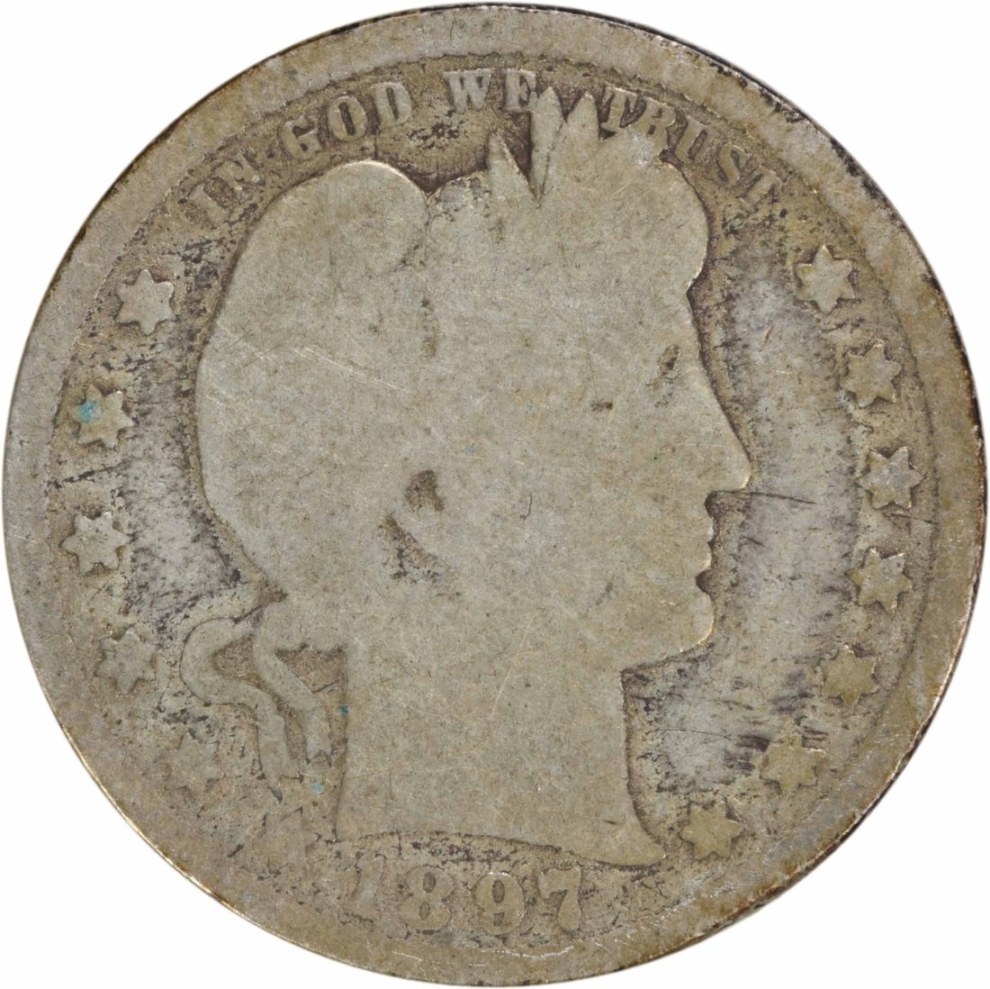 1897-O Barber Quarter 90% Silver Uncertified Coin: 1897-O Barber Quarter 90% Silver Uncertified Coin This 1897-O Barber Silver Quarter is a notable piece of U.S. coinage, featuring a design by Charles E. Barber. It is classified as a circulated coin w