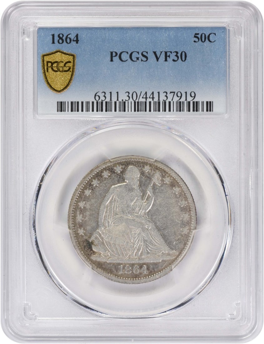 PCGS Graded 1864 Seated Liberty Half Dollar 50C VF30 Silver Coin: PCGS Graded 1864 Seated Liberty Half Dollar 50C VF30 Silver Coin This 1864 Liberty Seated Silver Half Dollar, graded VF30 by PCGS, is a circulated coin from the Philadelphia Mint. Composed of 90% silv