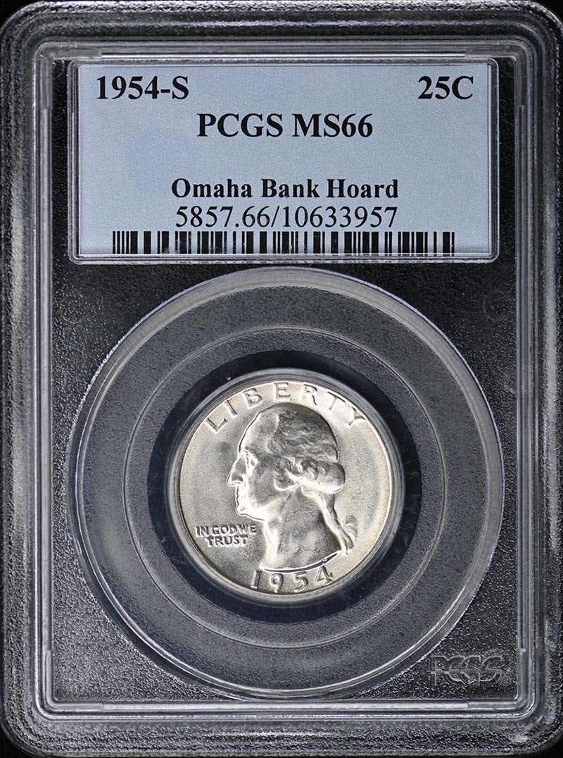 PCGS MS66 1954-S Washington Quarter from San Francisco Mint: PCGS MS66 1954-S Washington Quarter from San Francisco Mint This 1954-S Washington Quarter is certified by PCGS with a grade of MS66. Struck at the San Francisco Mint, this uncirculated coin is a pre-