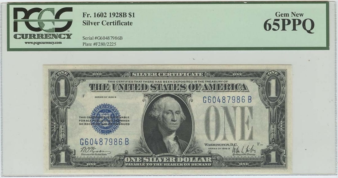 1928B $1 Silver Certificate FR#1602 PCGS 65 Gem Uncirculated: 1928B $1 Silver Certificate FR#1602 PCGS 65 Gem Uncirculated This 1928B $1 Silver Certificate, designated as FR#1602, is a certified gem with a grade of MS65 by PCGS, ensuring its high quality and col