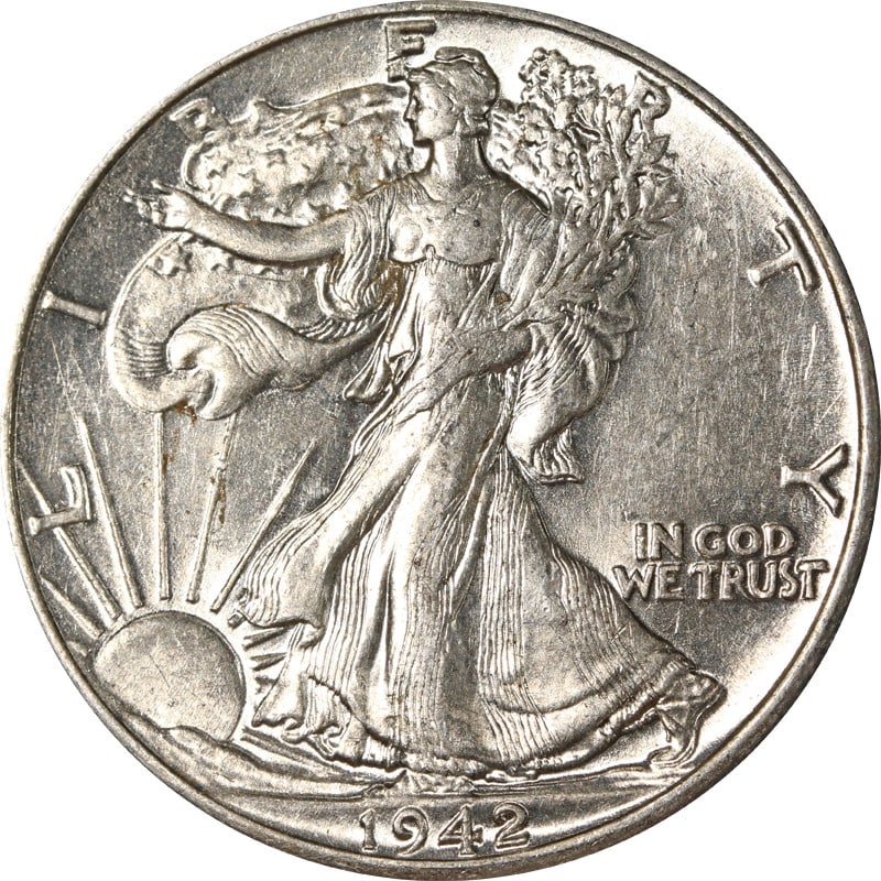 1942 P Walking Liberty Half Dollar Doubled Die Reverse: 1942 P Walking Liberty Half Dollar Doubled Die Reverse This 1942-P Walking Liberty Half Dollar features a doubled die reverse. Struck in silver with a fineness of 0.9, this coin was minted in Philadel