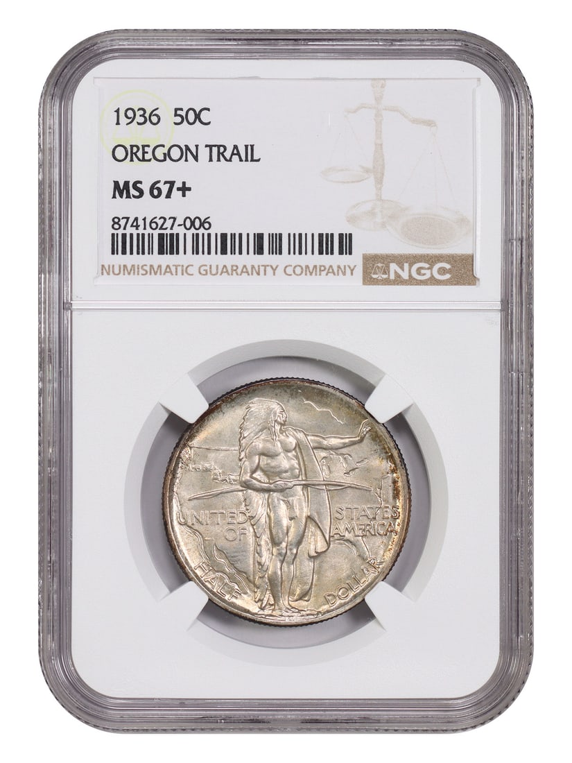 1936 Oregon Trail 50C NGC MS67+ Silver Commemorative: 1936 Oregon Trail 50C NGC MS67+ Silver Commemorative This 1936 Oregon 50-cent classic silver commemorative coin is graded MS67+ by NGC and is an uncirculated, low mintage issue with only 10,006 pieces