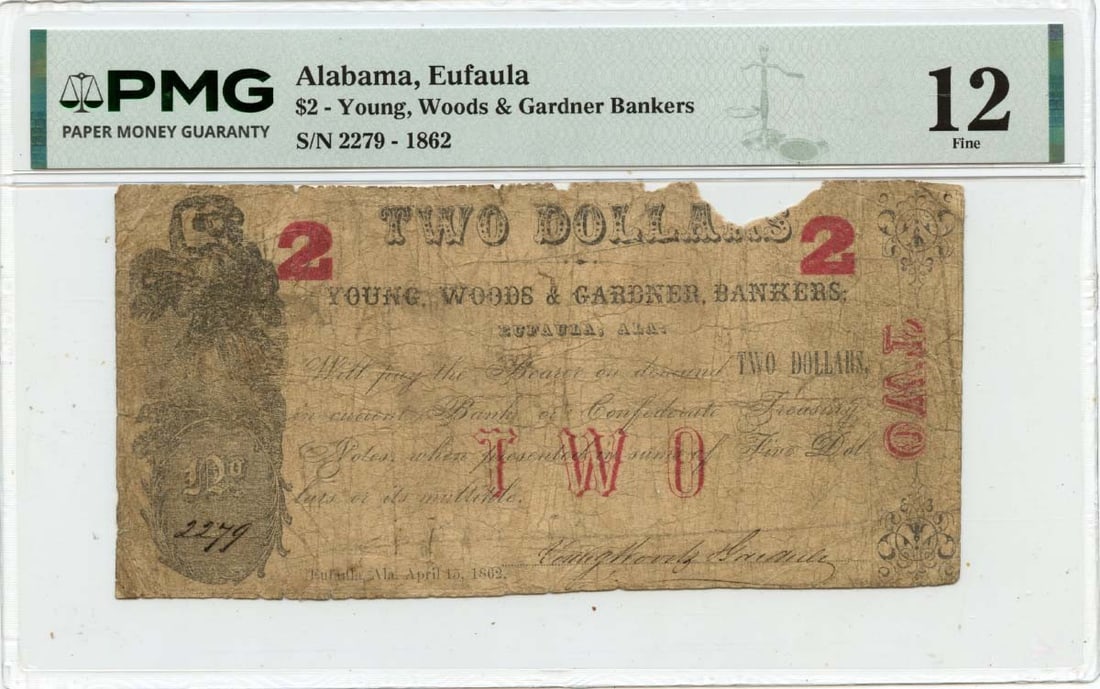 Eufaula Alabama 1862 Two Dollar Young Woods Gardner Obsolete Currency PMG F12: Eufaula Alabama 1862 Two Dollar Young Woods Gardner Obsolete Currency PMG F12 This is an 1862 $2 obsolete note issued by Young, Woods & Gardner Bankers in Eufaula, Alabama. The note is certified by PM