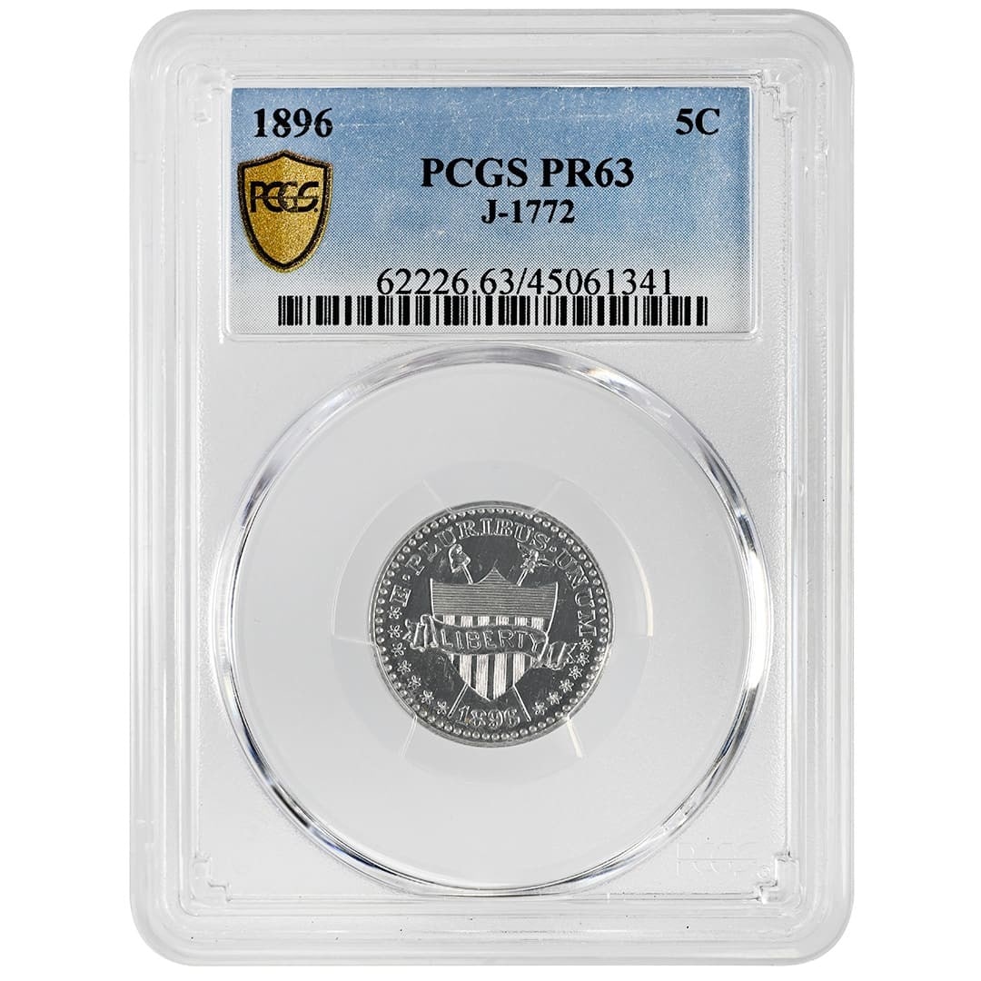 1896 J-1772 Pattern 5C PCGS PR63: 1896 J-1772 Pattern 5C PCGS PR63 This 1896 5C J-1772 Pattern coin is a rare proof strike from the Philadelphia Mint, graded PR63 by PCGS. It features a silver composition and displays bright white sur