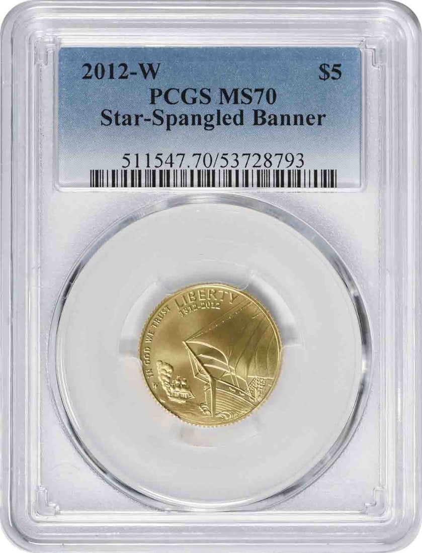 2012-W PCGS MS70 Star-Spangled Banner $5 Gold Coin: 2012-W PCGS MS70 Star-Spangled Banner $5 Gold Coin This 2012-W Star-Spangled Banner Commemorative $5 gold coin is graded MS70 by PCGS, indicating a flawless uncirculated condition. Composed of gold an