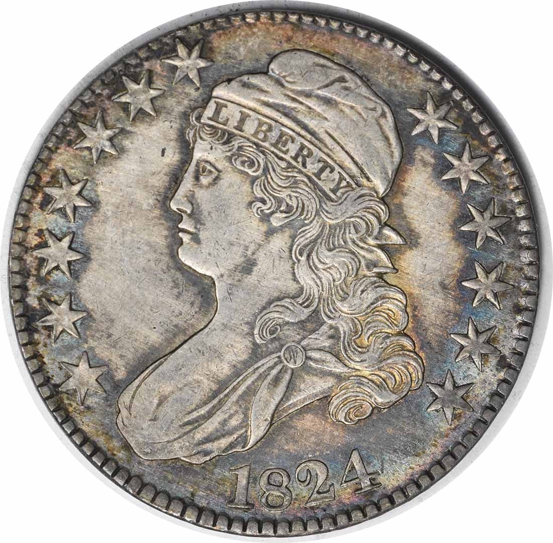 AU 1824 Capped Bust Half Dollar Uncertified Philadelphia Mint Silver Coin: AU 1824 Capped Bust Half Dollar Uncertified Philadelphia Mint Silver Coin This 1824 Bust Half Dollar is a circulated coin from the United States, minted in Philadelphia. Designed by John Reich, it fea