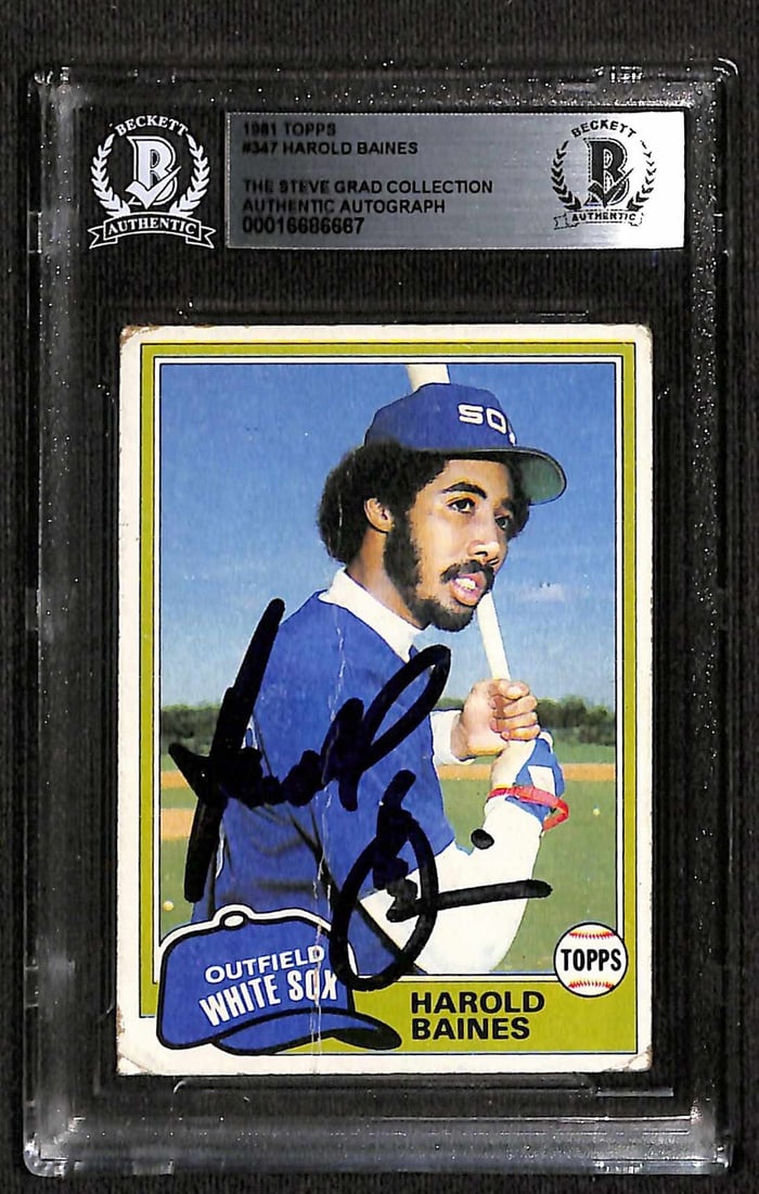 Harold Baines 1981 Topps #347 Signed Rookie Card Beckett Authenticated: Harold Baines 1981 Topps #347 Signed Rookie Card Beckett Authenticated This is a signed rookie card of Harold Baines from the 1981 Topps baseball set, featuring card number #347. The autograph is in b