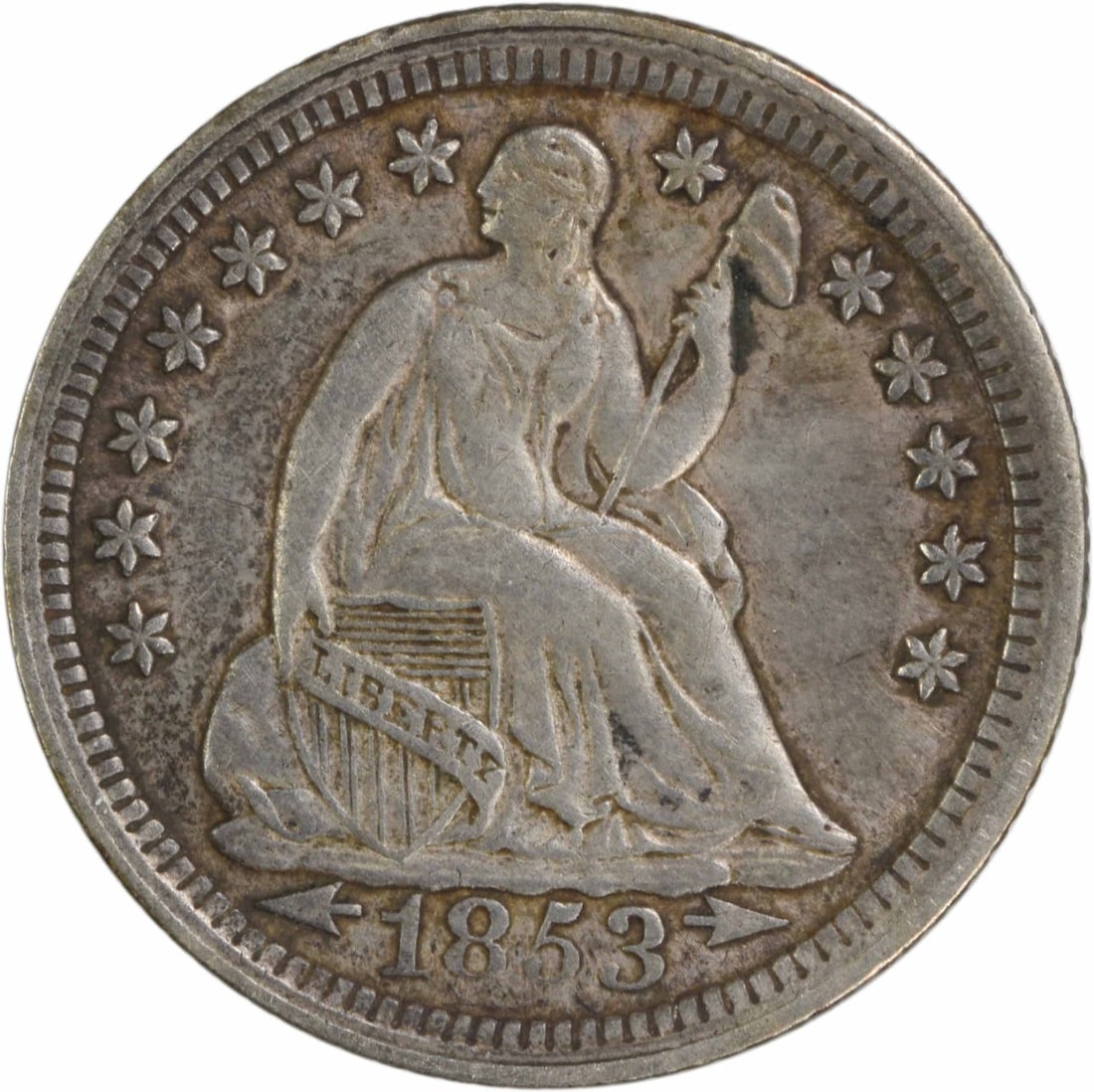 1853 Liberty Seated Half Dime 90% Silver EF Uncertified: 1853 Liberty Seated Half Dime 90% Silver EF Uncertified This 1853 Liberty Seated Silver Half Dime features a stunning design by Christian Gobrecht and is a notable piece of U.S. coinage. Crafted from 