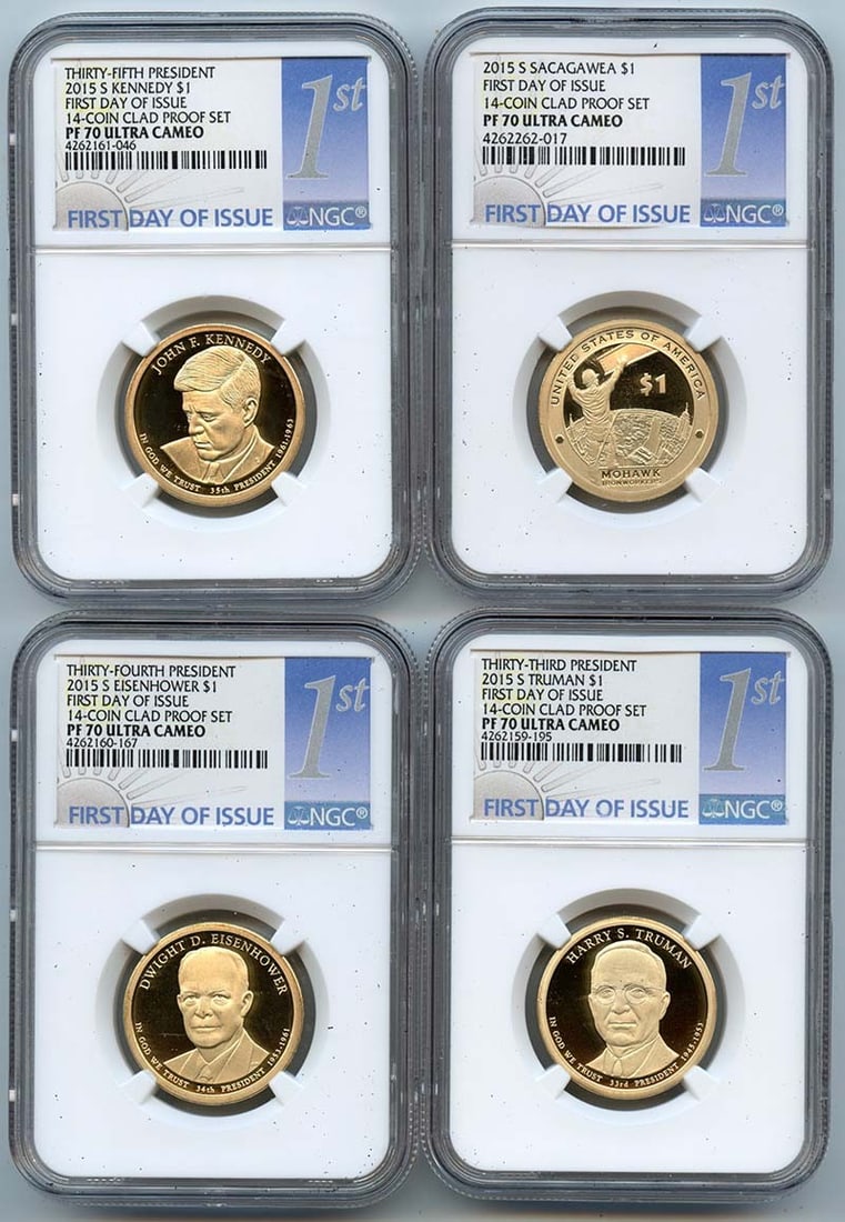 2015 S First Day 14 Coin Clad Proof Set NGC PR70DCAM: 2015 S First Day 14 Coin Clad Proof Set NGC PR70DCAM This 2015 S First Day 14-Coin Clad Proof Set is certified by NGC with a pristine grade of PR70 DCAM. It features a perfect uncirculated condition, 