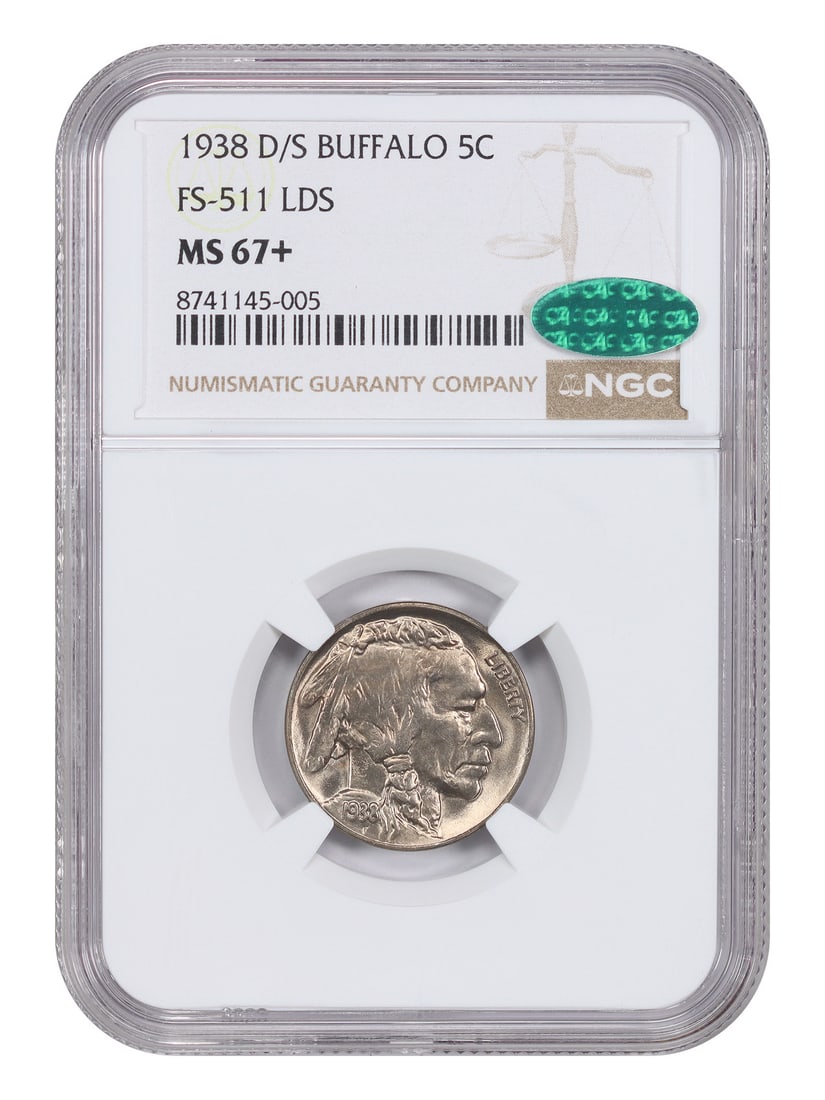 NGC CAC MS67 Plus 1938 Denver Overmintmark Buffalo Nickel FS-511 LDS: NGC CAC MS67 Plus 1938 Denver Overmintmark Buffalo Nickel FS-511 LDS This 1938-D/S Buffalo Nickel is a highly desirable overmintmark variety, certified by NGC with a grade of MS67+ and features the co