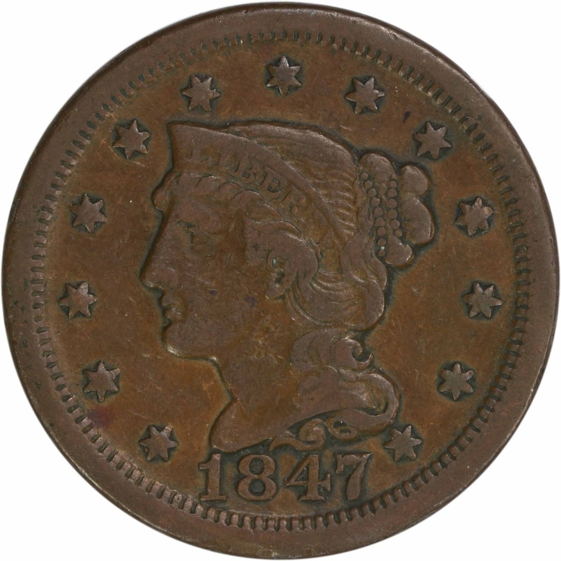 1847 Braided Hair Large Cent VF Copper Coin Uncertified: 1847 Braided Hair Large Cent VF Copper Coin Uncertified This 1847 Large Cent features the Braided Hair design, crafted from copper and produced at the Philadelphia mint. With a diameter of 27.50 milli