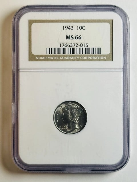 NGC MS 66 1943 Silver Mercury Dime: NGC MS 66 1943 Silver Mercury Dime This 1943 Mercury Dime is certified by NGC and graded MS-66, indicating an uncirculated condition. Composed of silver, this coin originates from the USA and represen