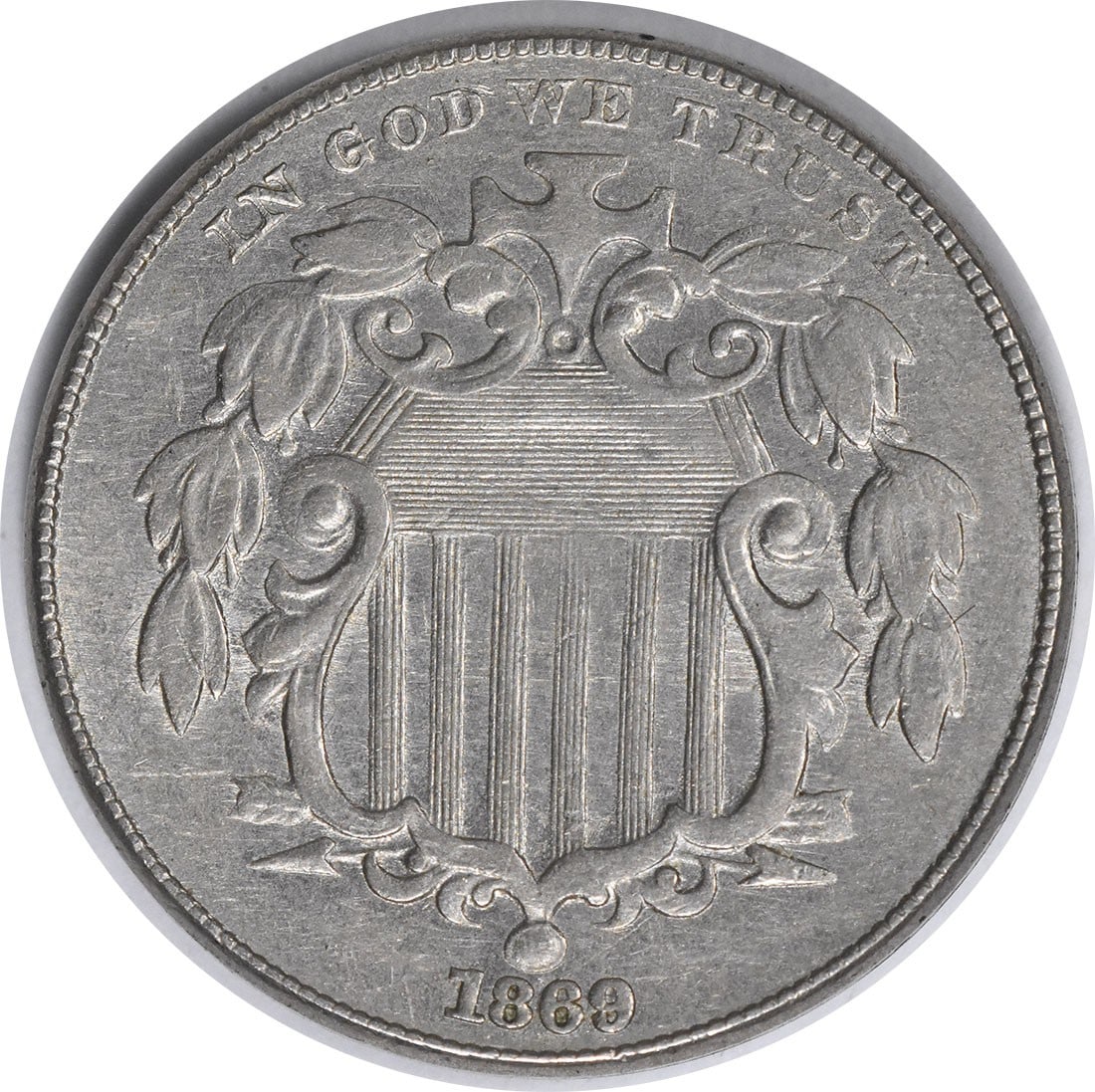 1869 Shield Nickel F-111 AU Uncertified Philadelphia Mint 5C: 1869 Shield Nickel F-111 AU Uncertified Philadelphia Mint 5C This 1869 Shield Nickel is a notable piece from the Philadelphia mint, featuring a striking design by James Barton Longacre. With a composi