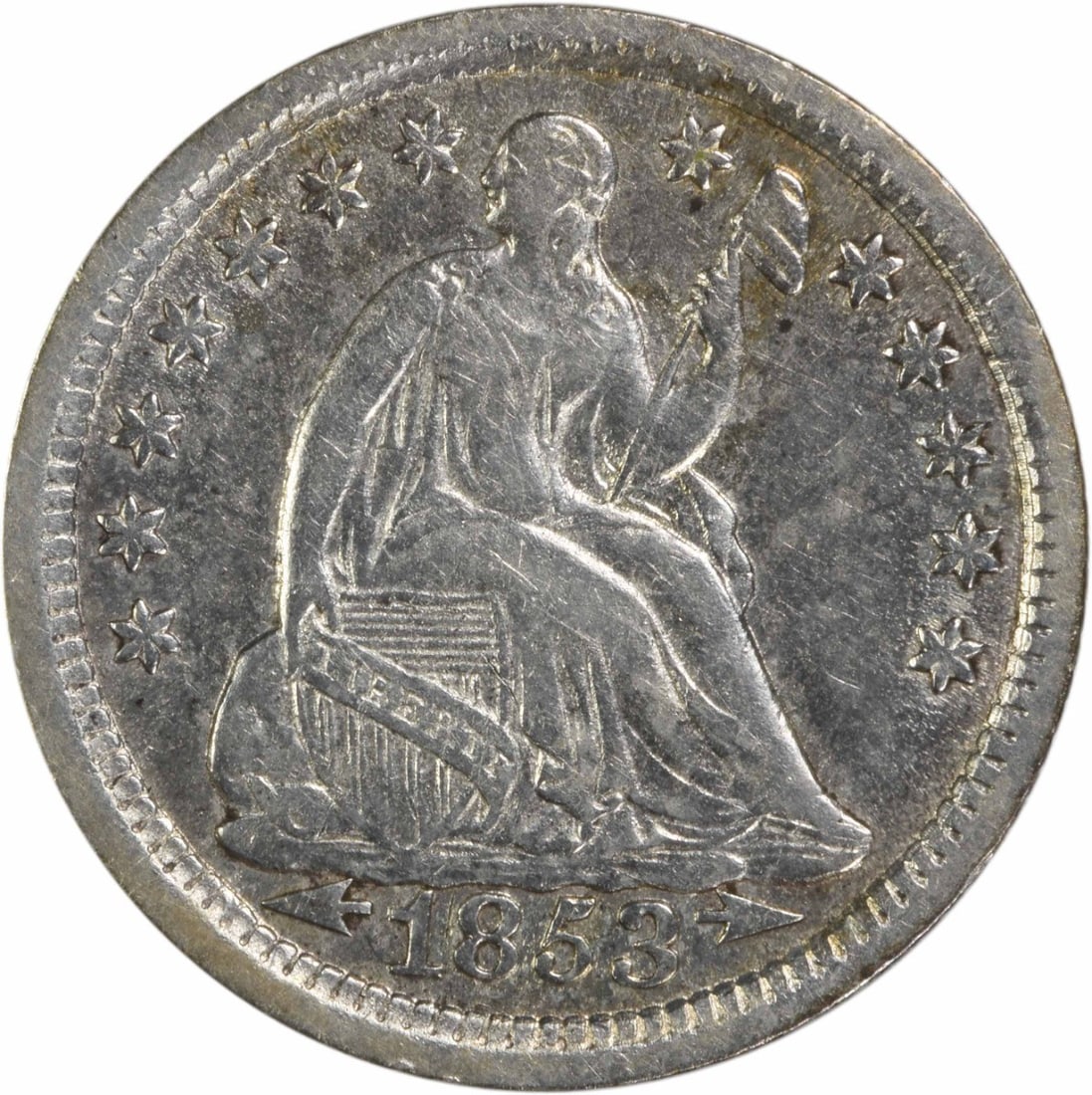 1853 Liberty Seated Half Dime 90% Silver Uncertified: 1853 Liberty Seated Half Dime 90% Silver Uncertified This 1853 Liberty Seated Silver Half Dime features a design by Christian Gobrecht, showcasing intricate details and historical significance. With a