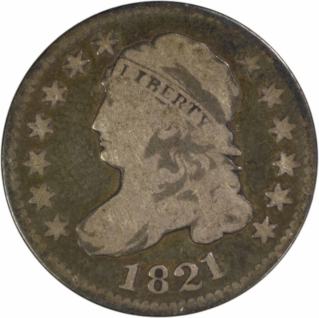 1821 Capped Bust Dime Large Date Philadelphia VG Uncertified: 1821 Capped Bust Dime Large Date Philadelphia VG Uncertified This 1821 Capped Bust Silver Dime features a large date and is graded VG (Very Good). Circulated and uncertified, the coin was struck at th
