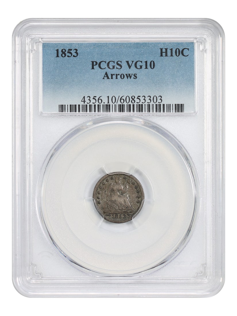 1853 Liberty Seated Half Dime PCGS VG10 Arrows: 1853 Liberty Seated Half Dime PCGS VG10 Arrows This 1853 Liberty Seated Half Dime features the arrows design and is graded VG10 by PCGS. Struck in Philadelphia, this circulated coin is a popular type 
