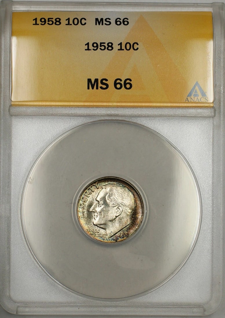 ANACS MS-66 1958 Roosevelt Silver Dime Toned Philadelphia 10C Coin: ANACS MS-66 1958 Roosevelt Silver Dime Toned Philadelphia 10C Coin This 1958 Silver Roosevelt Dime is an uncirculated 10-cent coin graded MS-66 by ANACS. The coin features attractive toning, particula