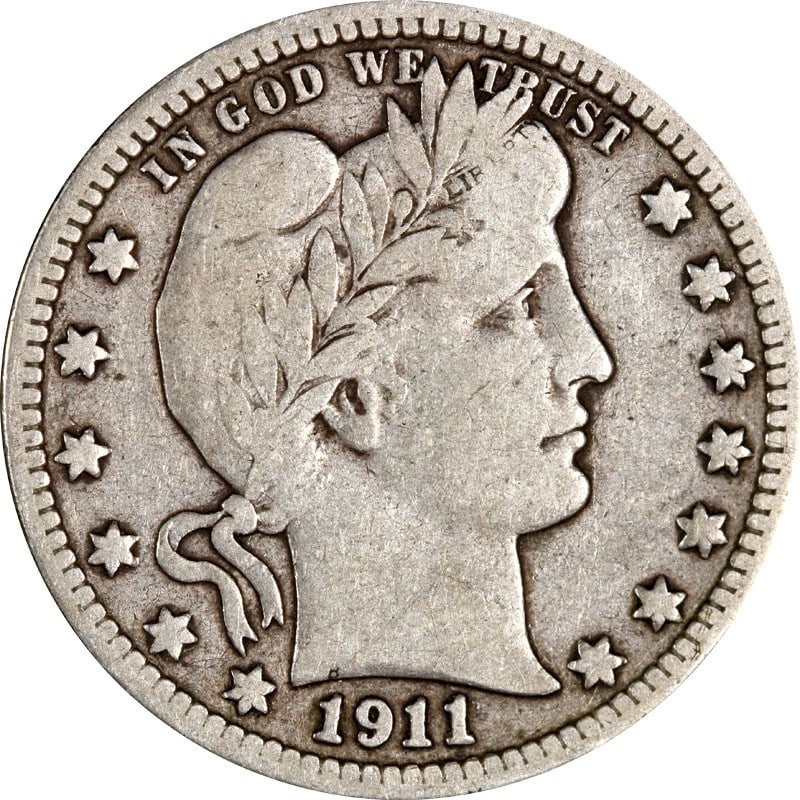 1911 Denver Barber Silver Quarter: 1911 Denver Barber Silver Quarter This is a 1911-D Barber Quarter from the United States, composed of 90% silver. The coin is circulated and remains uncertified. It originates from the Denver mint and