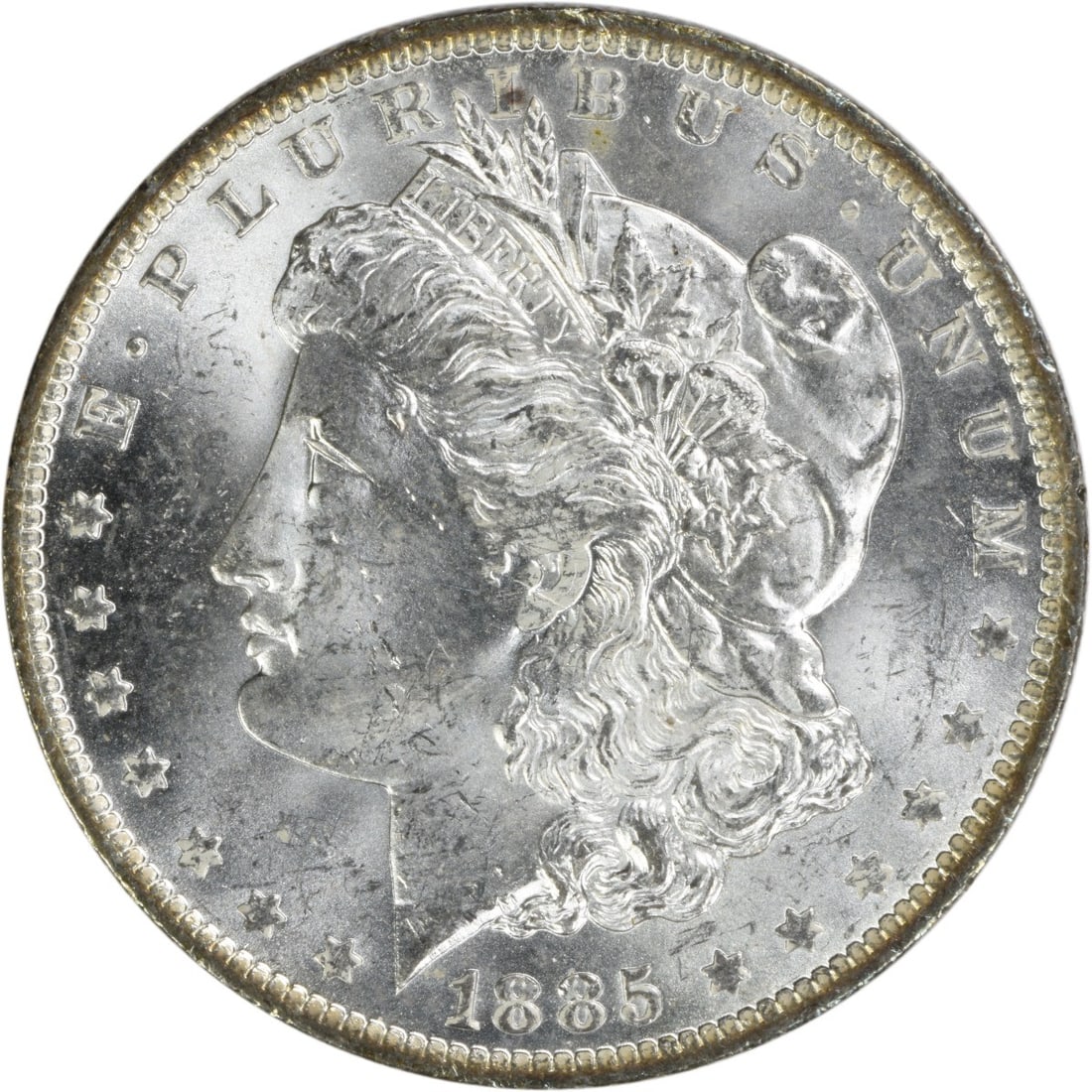 Uncirculated 1885-O Silver Dollar Morgan Choice BU Uncertified: Uncirculated 1885-O Silver Dollar Morgan Choice BU Uncertified This 1885-O Morgan Silver Dollar is a Choice Brilliant Uncirculated (BU) coin. Minted in New Orleans, it is composed of silver and remain