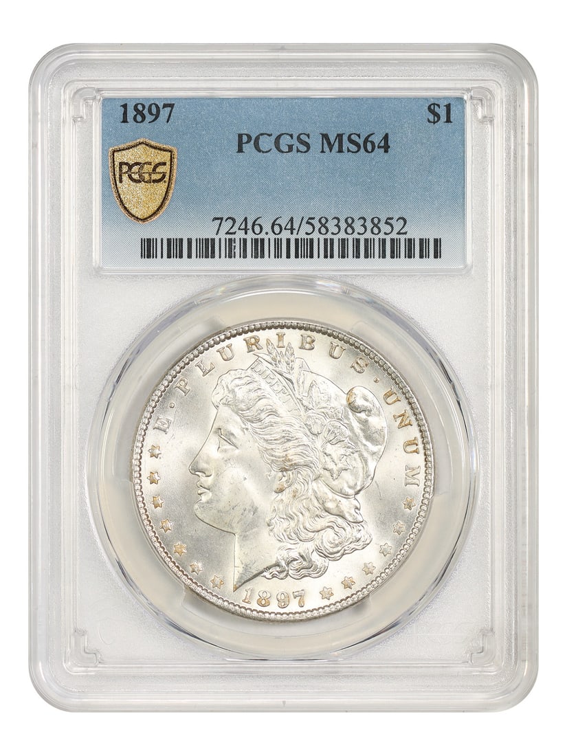 PCGS MS64 1897 Philadelphia Morgan Silver Dollar: PCGS MS64 1897 Philadelphia Morgan Silver Dollar This 1897 Morgan Dollar is a $1 coin minted in Philadelphia. Graded MS64 by PCGS, it is an uncirculated example and comes with PCGS certification. The 