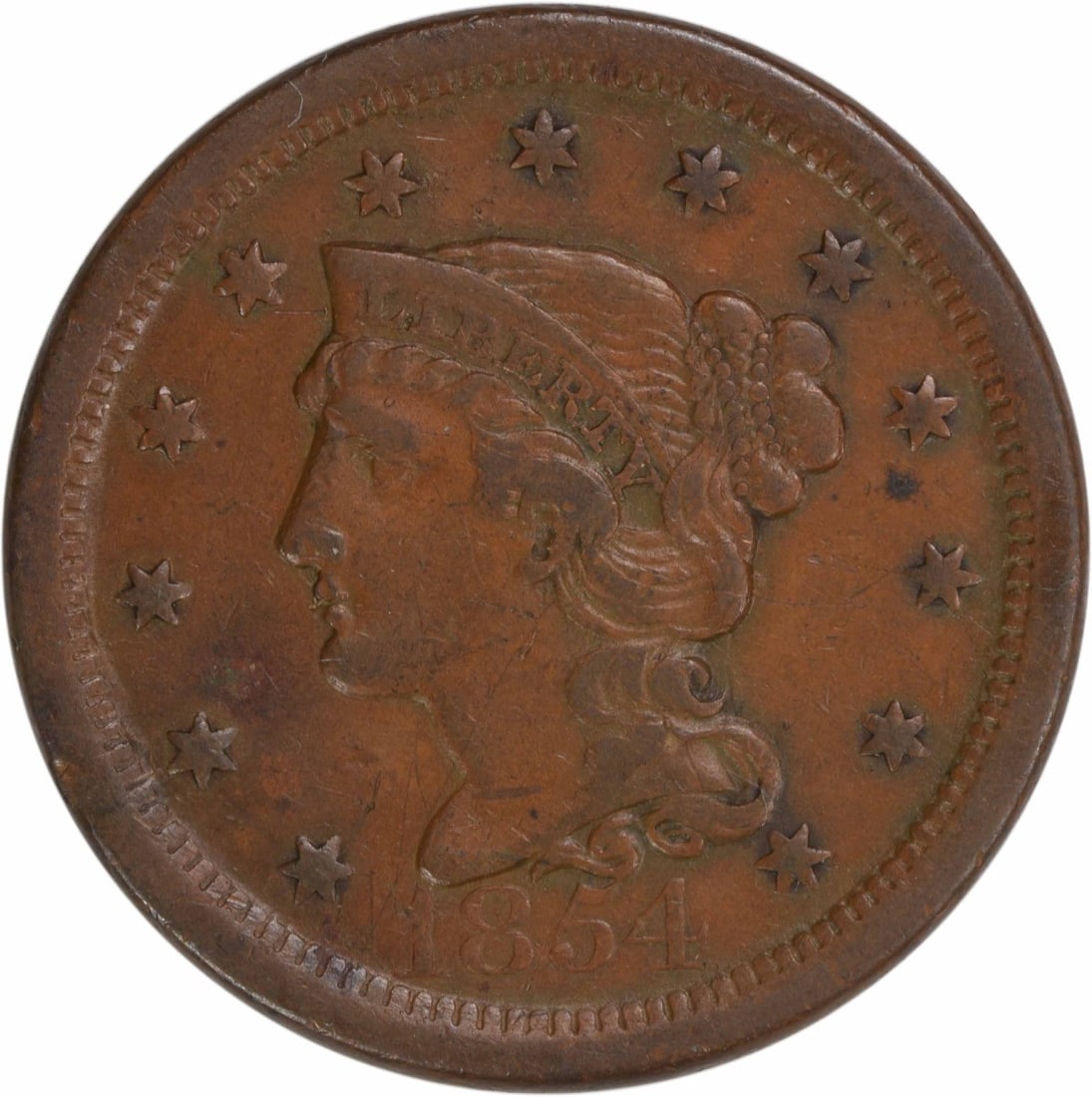 1854 Braided Hair Large Cent EF Uncertified Philadelphia Mint: 1854 Braided Hair Large Cent EF Uncertified Philadelphia Mint This 1854 Large Cent features the iconic Braided Hair design by Christian Gobrecht, struck in Philadelphia. The coin is in Extra Fine (EF)