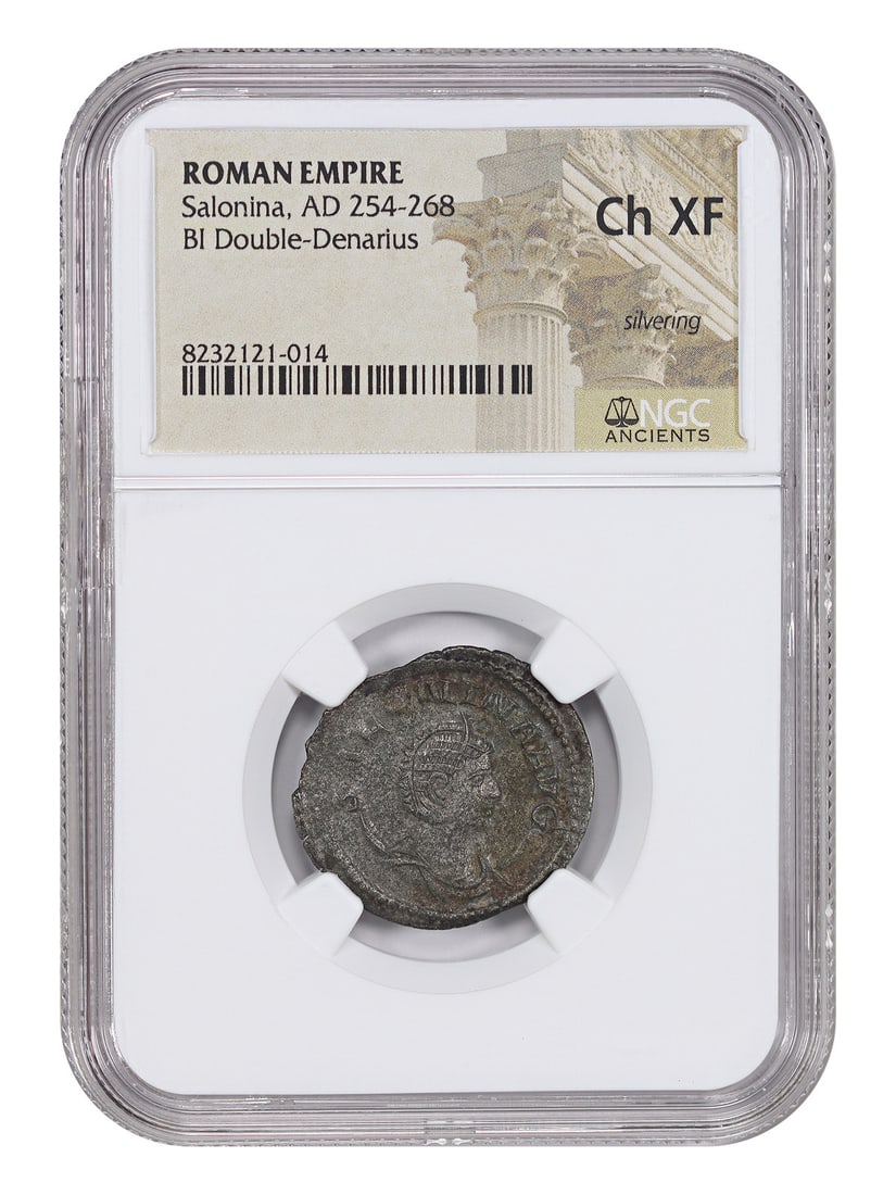 Salonina BI Double Denarius Ancient Roman Coin NGC Ch XF: Salonina BI Double Denarius Ancient Roman Coin NGC Ch XF This ancient Roman BI double-denarius was minted during the reign of Salonina (AD 254-268). Featuring remnants of its original silvering, this 