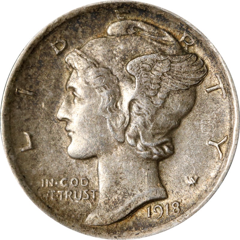 1918 Denver Mercury Silver Dime UNCERTIFIED: 1918 Denver Mercury Silver Dime UNCERTIFIED This 1918-D Mercury Dime is a circulated silver coin from the United States, noted for its Choice+ condition. Minted in Denver in 1918, it features 0.9 fine