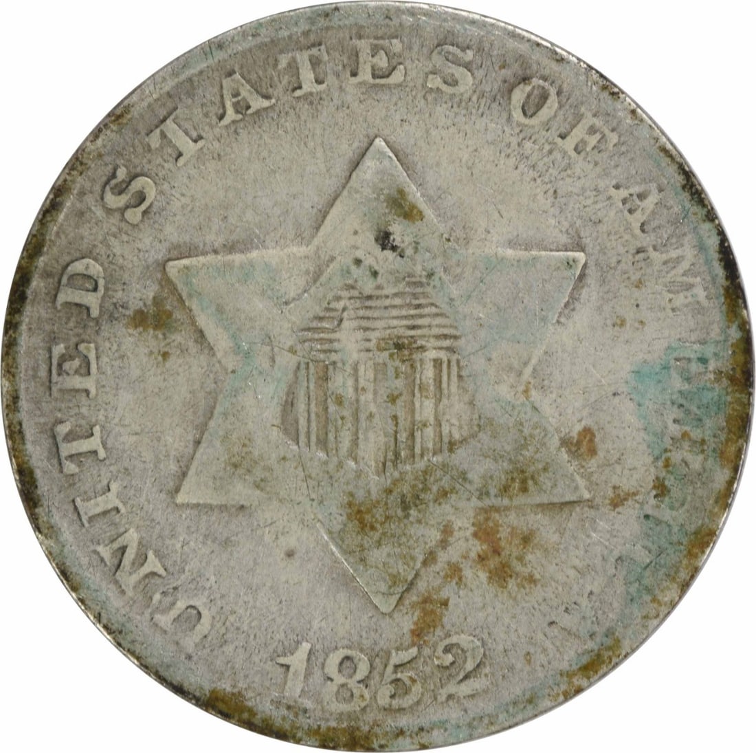 1852 Three Cent Silver Coin F Uncertified Philadelphia Mint: 1852 Three Cent Silver Coin F Uncertified Philadelphia Mint This 1852 Three Cent Silver coin, minted in Philadelphia, is a remarkable piece of American numismatic history. The coin features a composit