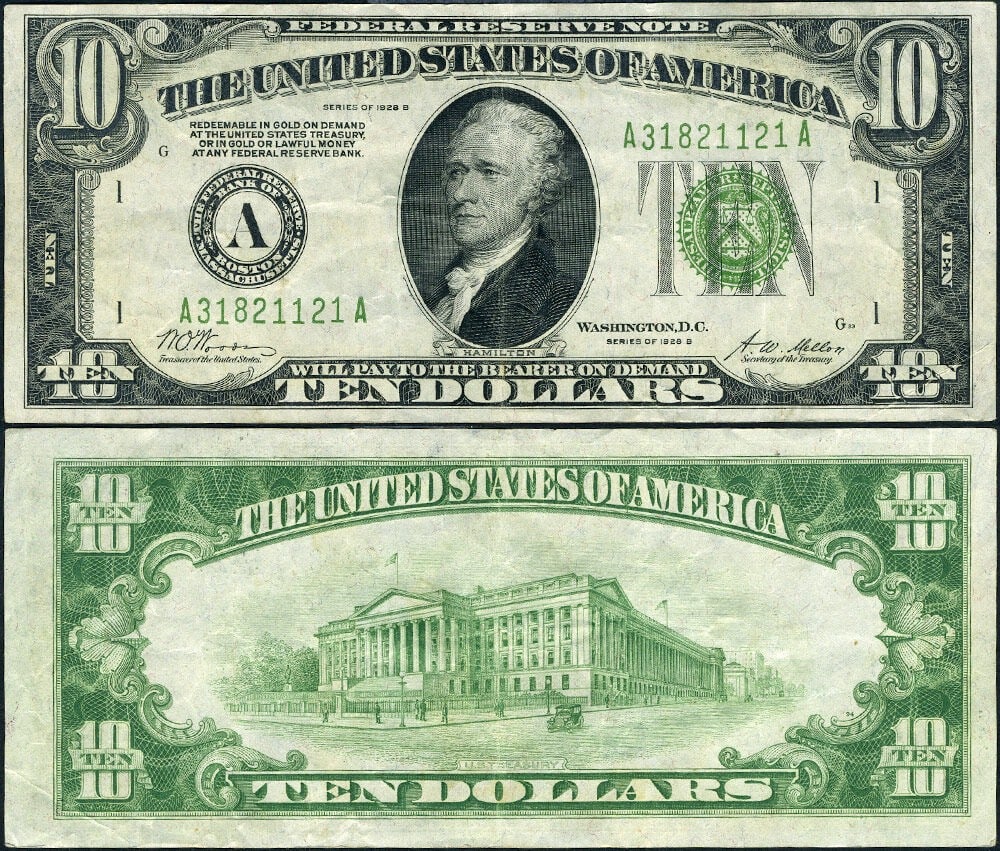 Boston 1928-B $10 Federal Reserve Note DGS VF+: Boston 1928-B $10 Federal Reserve Note DGS VF+ This is a 1928-B $10 Federal Reserve Note from Boston, featuring the A-A block and Gold Demand clause. The note is circulated and graded VF+ (Very Fine P